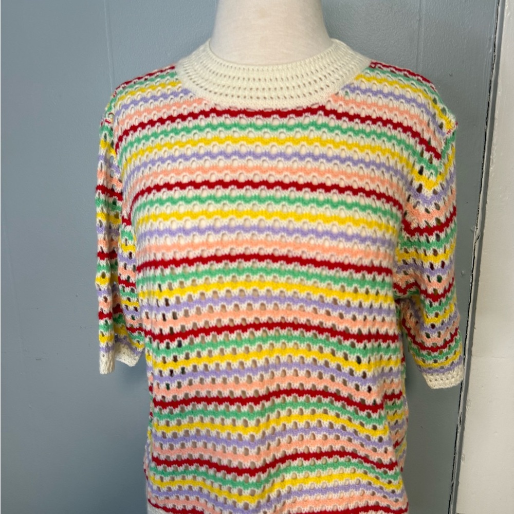 Multicolor Striped Crochet Crew Neck Sweater